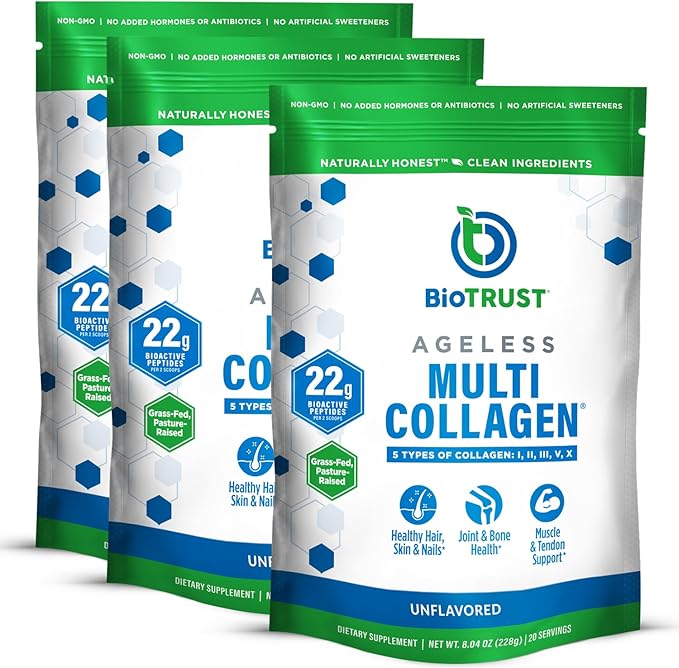 Multi Collagen Peptides Powder - Hydrolyzed, Unflavored, Grass Fed, 3-pk