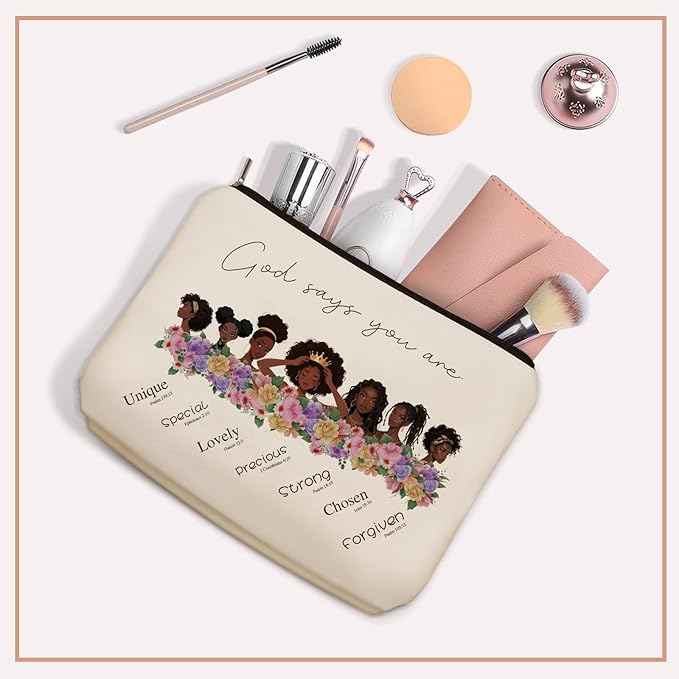 Girlly First Communion Gifts For Girls - God Says You Are Christian Makeup Bag for African American Black Teen Girls & Women, Black Girl Magic Cosmetic & Toiletry Organizer Pouch with Lining.