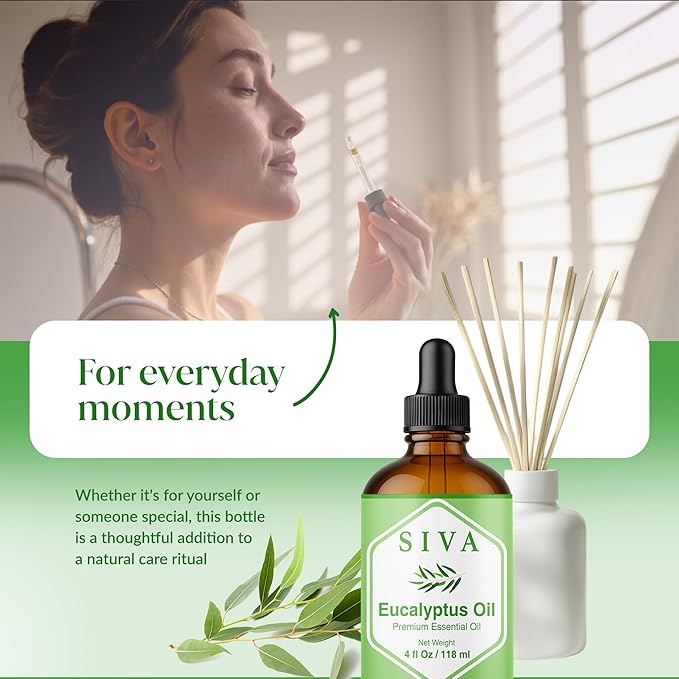 Siva Eucalyptus Essential Oil 4 Fl Oz – for Diffuser, Skin & Hair Care – Ideal for Aroma, Massage & DIY Blends- with Dropper