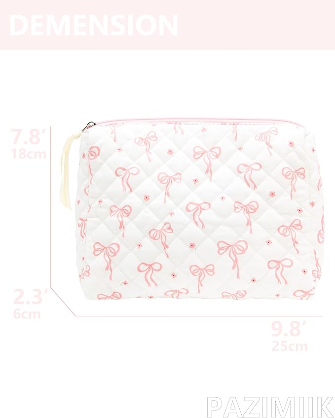 Quilted Makeup Pouch for Women, Travel Cosmetic&Toiletry Bag,Bow Pink