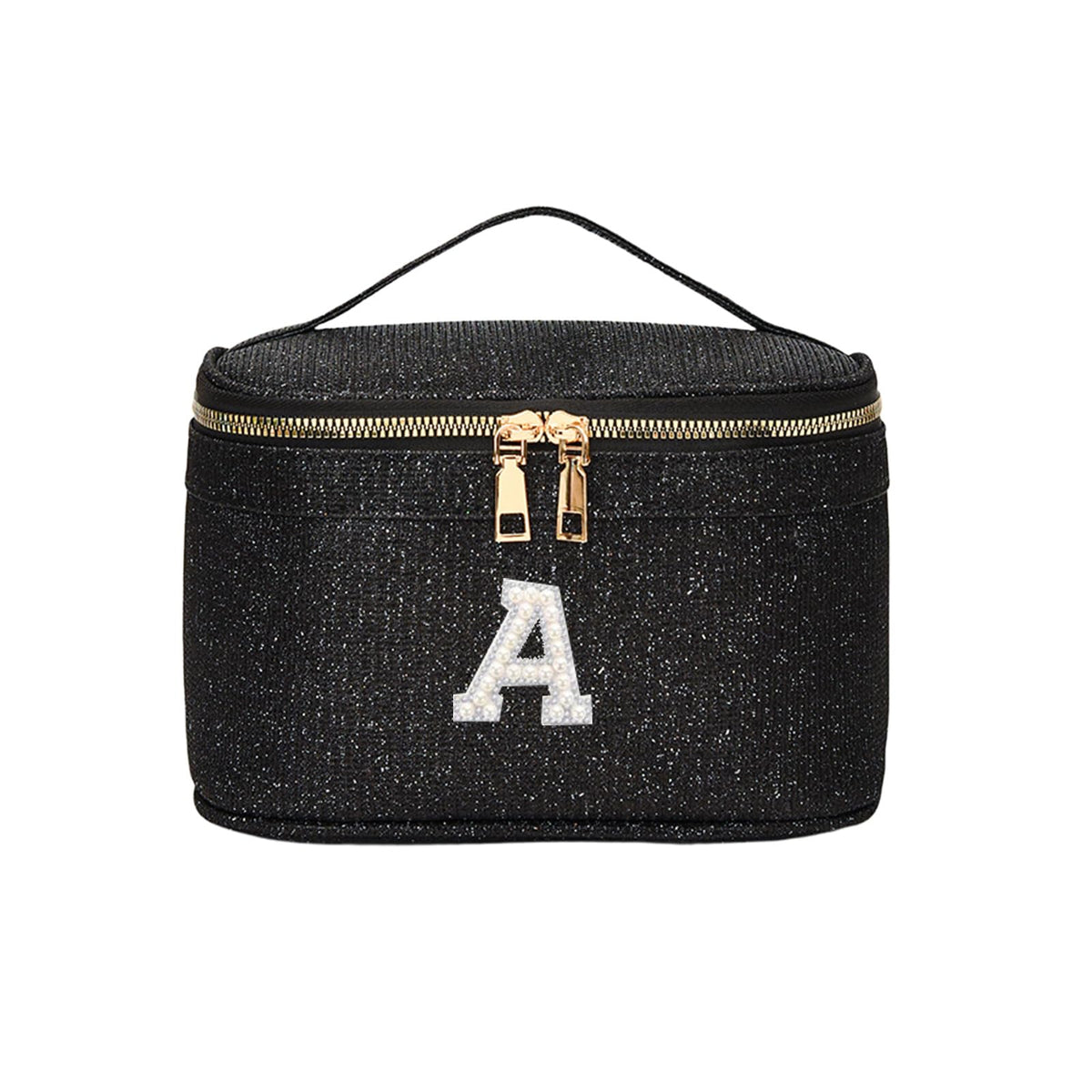 EURYNOME Sparkling Monogram Makeup Bag - Water-Resistant Travel Cosmetic Organizer (8.3x5.1x5.1 Inch) for Women, Custom Letter A Design