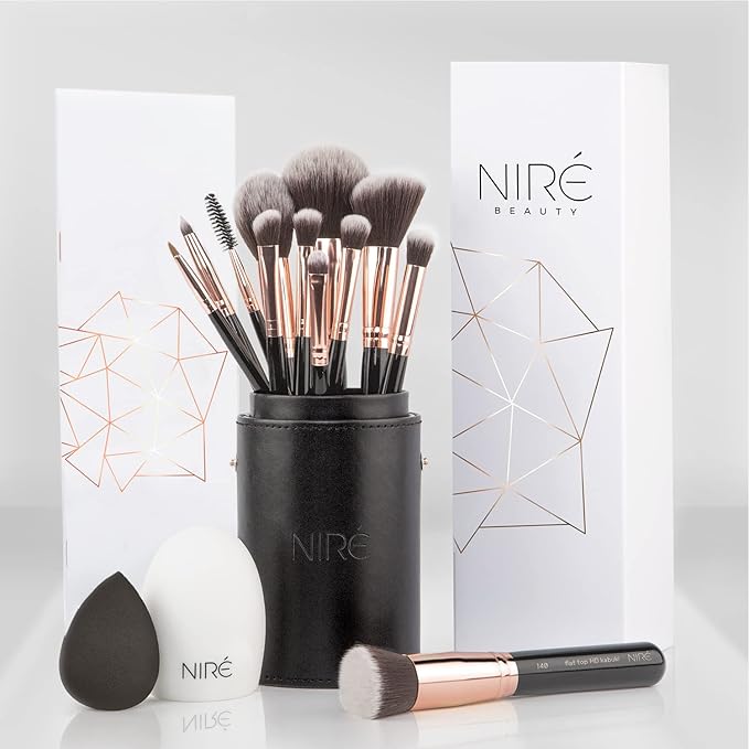 Niré Beauty Professional Makeup Brush Set, 15 Piece Black & Rose Gold