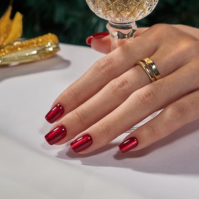 BTArtbox Press On Nails, Hot Love, Short Square, Red Cat Eye, 32Ct