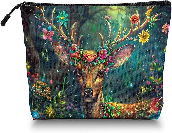 Scribesense Cosmetic Bags Travel Makeup Toilet Case Waterproof Pouch for Women Girls 6.7X9.45inches - Deer'S Graceful Look With Blooming Antlers