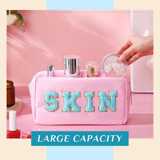Cunno Preppy Makeup Bags Chenille Letter Stuff Bag Nylon Cosmetic Pouch Cases with Zipper for Women Travel Toiletry(Light Color,Vivid,4 Pcs)