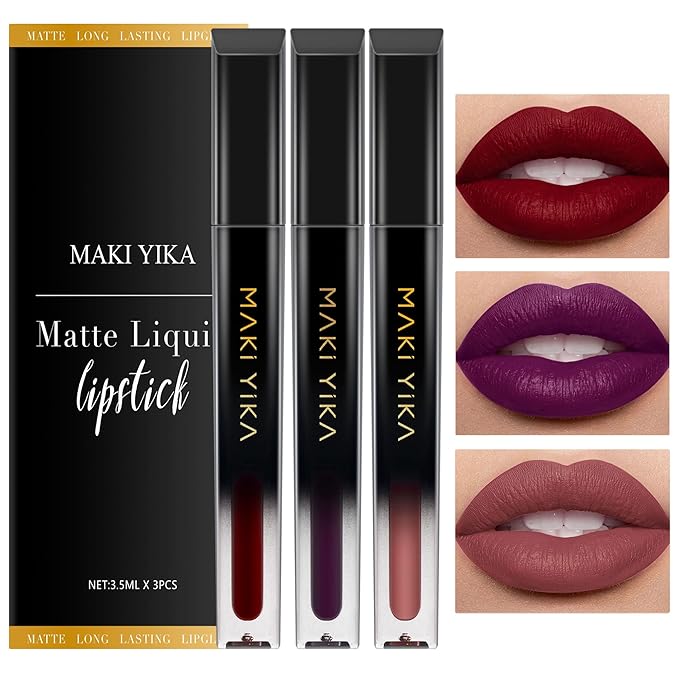 MAKI YIKA 3Pcs Matte Liquid Lipstick Set Dark Red Purple Nude Lipstick Smudgeproof