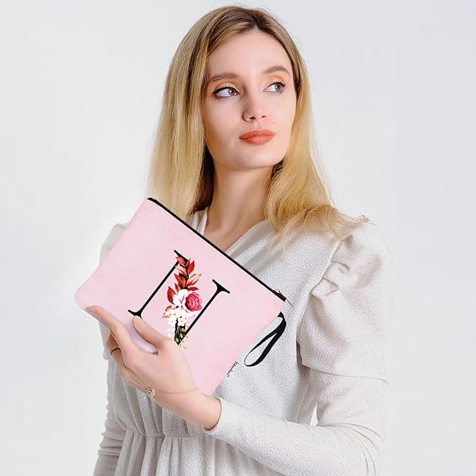 Vavabox A-Z Personalized Makeup Bag, Birthday Gifts for Women Mom, Gifts for Best Friend, Bride Bridesmaid Cosmetic bag (N, 06-Pink)