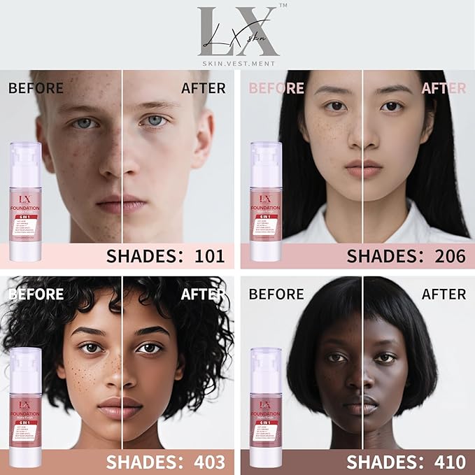 LXSKN 6-in-1 Makeup Infused with 1% Hyaluronic Acid- Matte + Poreless Liquid Foundation For A Glowing & Soft-Focus Look, Suitable for All Skin Types (101 Light, 6-in-1 Makeup Foundation)