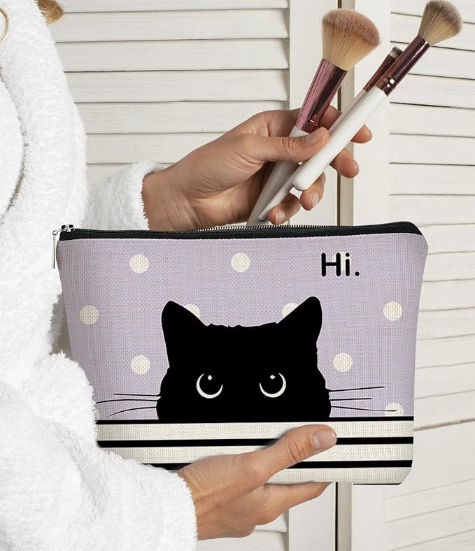 BARPERY Cat Makeup Bag - Small Cute Cosmetic Bag for Women & Girls, Black & Purple Polka Dot Cat Lady Gifts