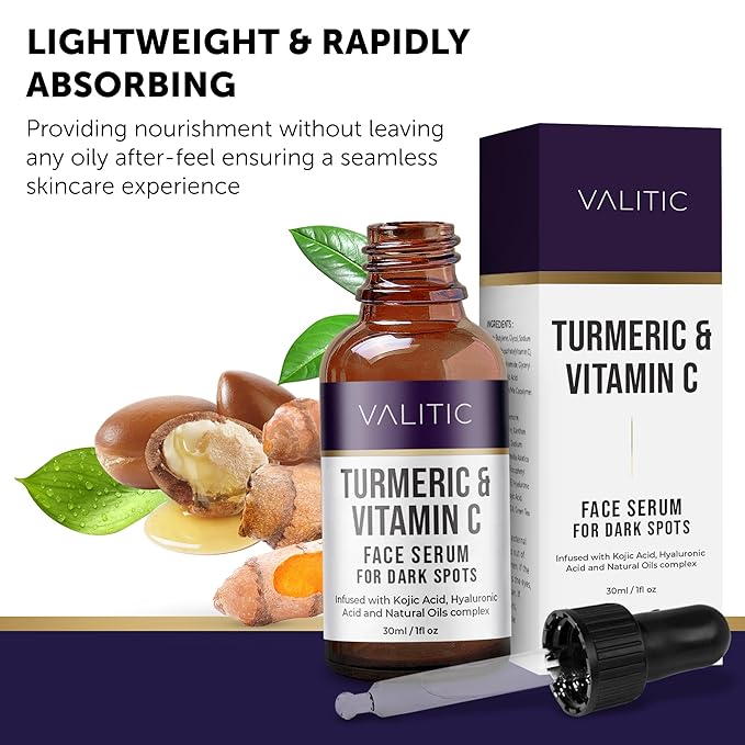 VALITIC Vitamin C Serum for Face - Dark Spot Glowing Skin Radiance Booster, Brightening Face Serum, Skin Care with Niacinamide, Hyaluronic Acid, Collagen, Kojic Acid, Turmeric - 1 fl oz