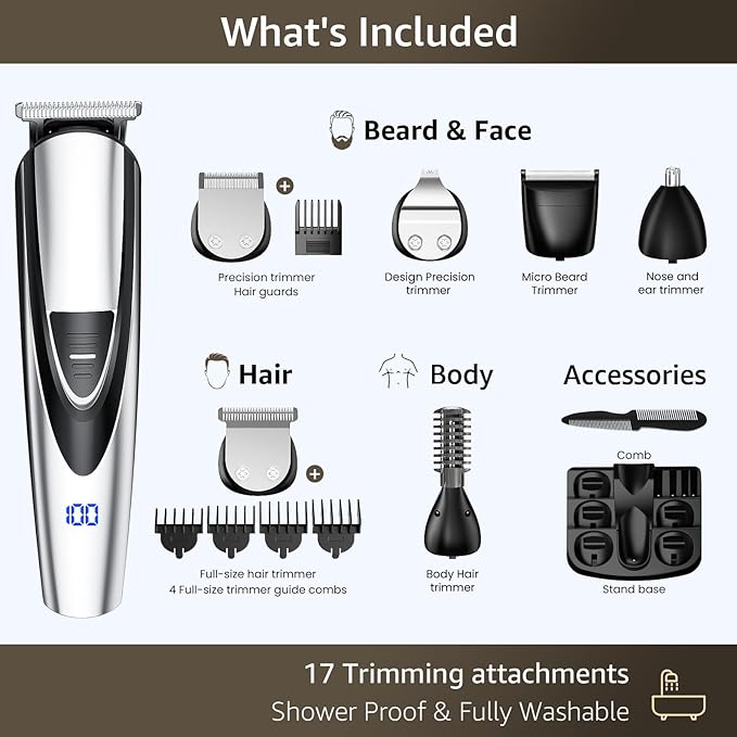 SHPAVVER Electric Beard Trimmer for Men: 16-in-1 Professional Barber Hair Clippers - Cordless Grooming Kit - Turbo Speed & Precision Blades, Silver