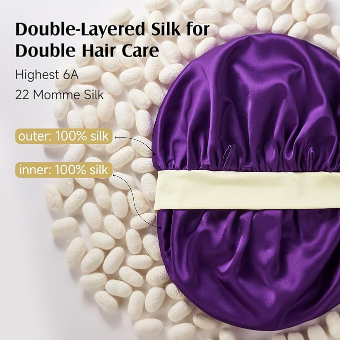 YFONG 100% Mulberry Silk Bonnet for Sleeping Women Men, Large Double Layer