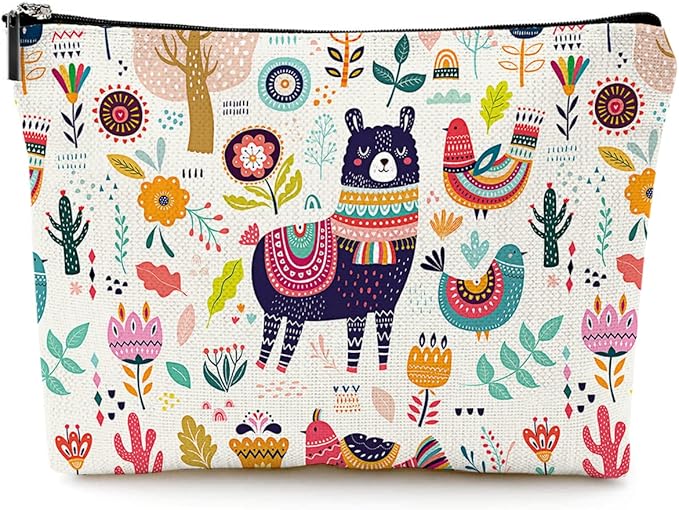 Givotin Cute Makeup Bag for Purse Canvas Waterproof Funny Cosmetic Bags for Women Zipper Travel Toiletry Pouch-Alpaca Makeup Bags-Creamy
