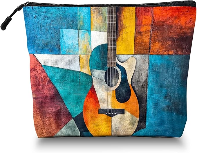Scribesense Cosmetic Bags Travel Makeup Toilet Case Waterproof Pouch for Women Girls 6.7X9.45inches - Abstract Guitar in A Multicolored Geometric Composition