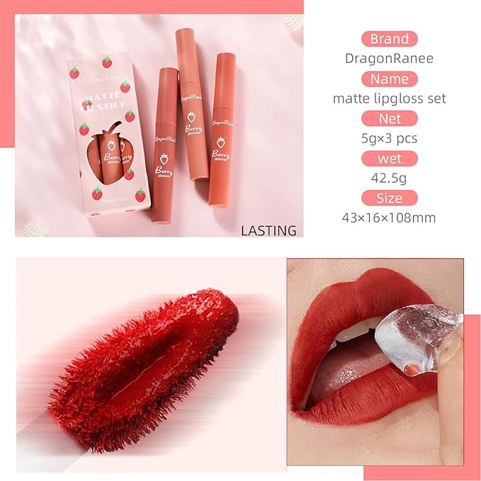 3 PCS Dark Red Matte Lipstick Set, Matte Lipstick Long Lasting for Women