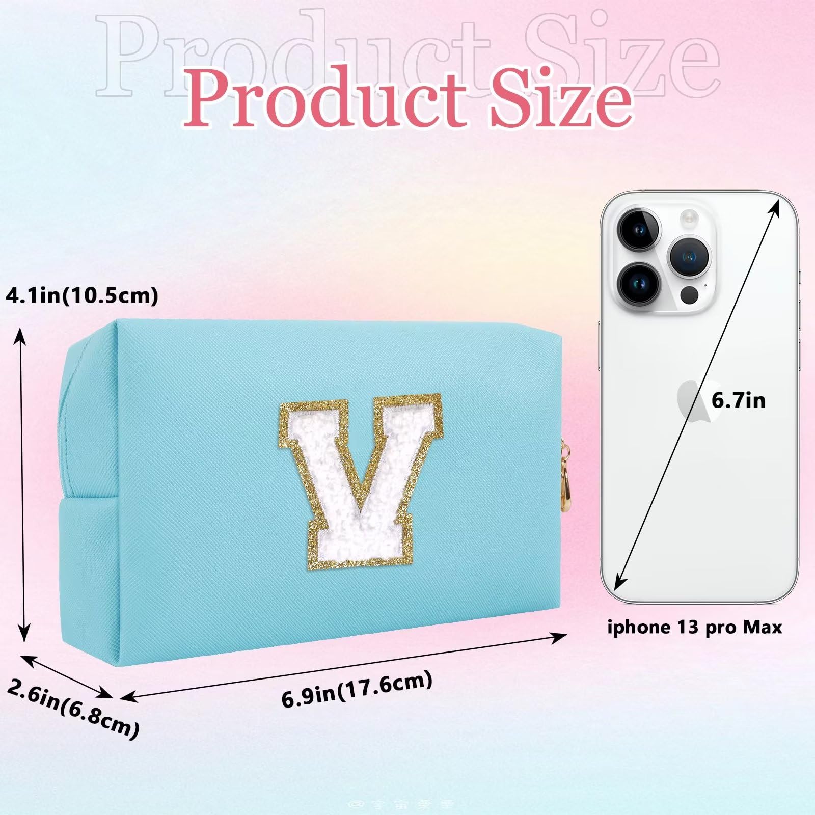 HENGNI Small Personalized Letter Makeup Bag, Cute PU Leather Chenille Letters Cosmetic Bag Travel Makeup Pouch, Preppy Travel Organizer Zipper Pouch for Women&Girls（Blue-V）