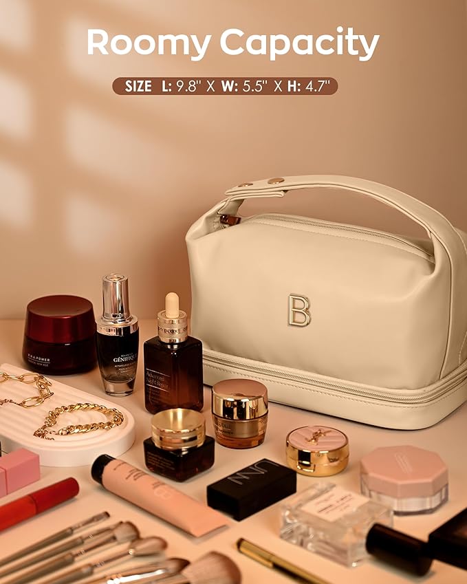 Makeup Bags for Teens Girls, Initial Double Layer Cosmetic Bag with Makeup Brush Organizer, Large Capacity PU Leather Travel Toiletry Bag, Gifts for Friends Female Mom