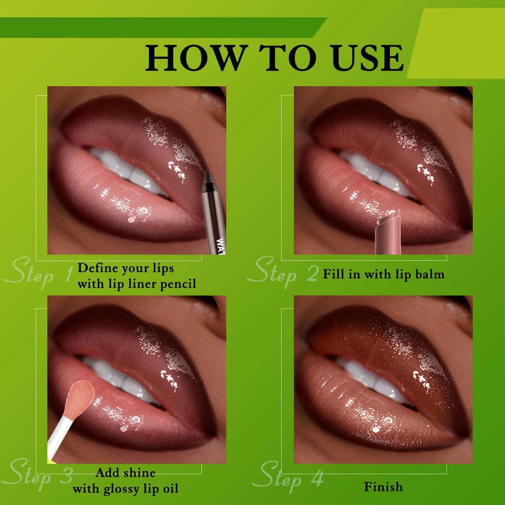 Wugbc Brown Lip Liner & Lip Gloss Set Moisturizing Lip Kit, Smooth Dark Brown Lip Liner Pencil Hydrating Lip Tint Non Sticky Click Lip Balm Lightweight Long Lasting Daily Lip Care for Women