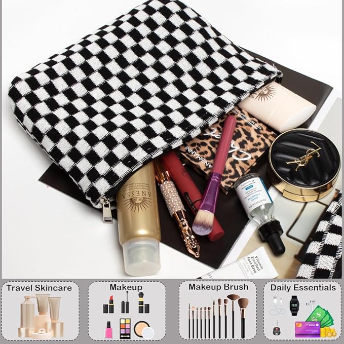FFpaw 2 Pieces Makeup Bag Set, Small Black Checkered Cosmetic Bag Travel Toiletry Organizer Mini Cosmetic Pouch Case Makeup Brushes Cute Quilted Aesthetic Accessories Storage Bag for Women
