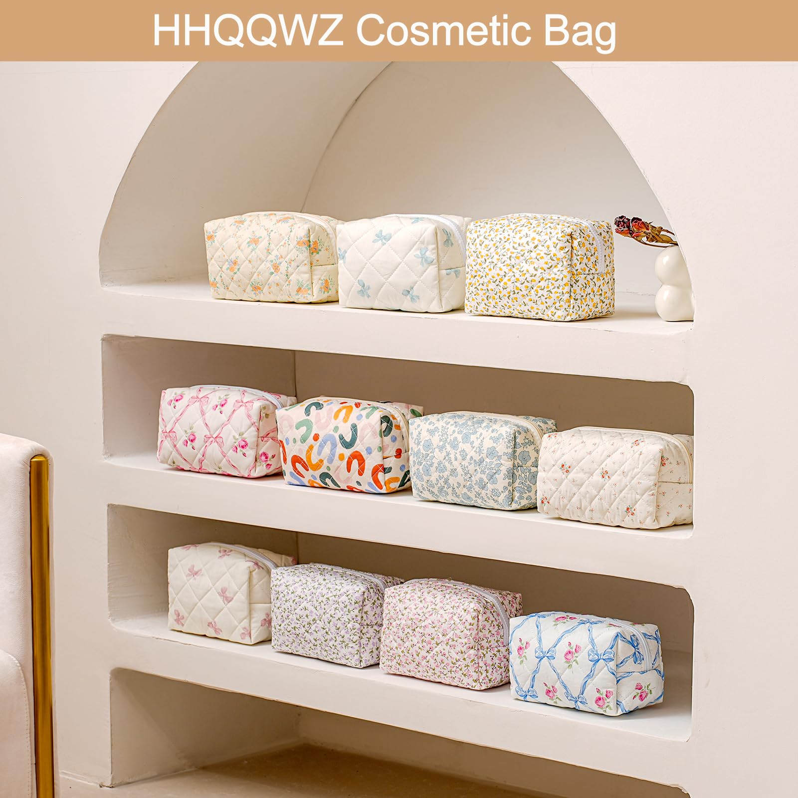 HHQQWZ Makeup Bag Travel Cosmetic Bag for Women Girls, Zipper Make Up Pouch, Floral Flowers Toiletry Organizer Makeup, Portable Storage Bag, Cosmetic Travel Cloth Bag (Blue Bow Tie)