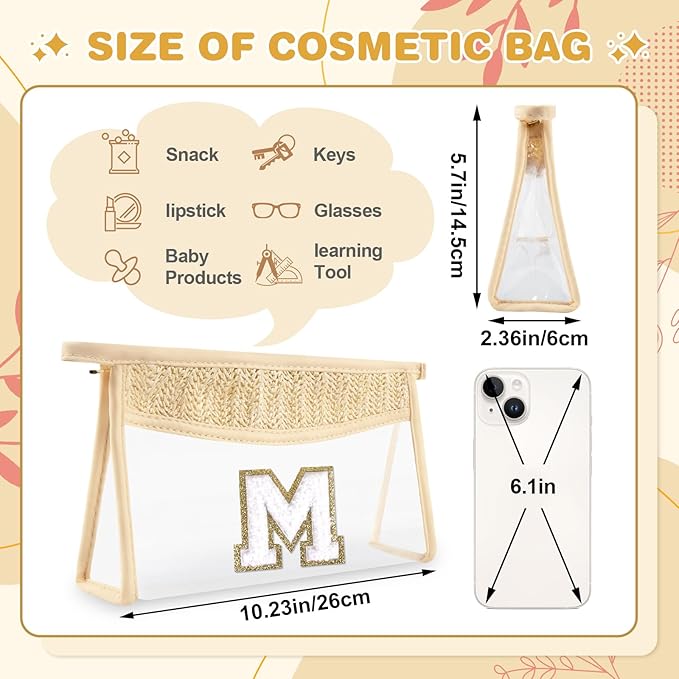 UIXIZQ Personalized Initial Letter Bag Boho Straw Clear Makeup Bag,Small Cute Chenille Varsity Letter Bag With Zipper,Beach Travel Toiletry Bag,Portable Monogrammed Cosmetic Bag for Women Girls,M
