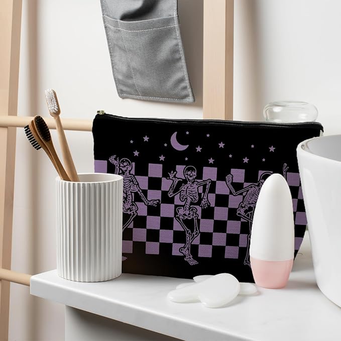 RYYCDOI Funny Gothic Skeleton Makeup Pouch, Halloween Gifts for Women, Witchy & Dark Academia Makeup Bag, Horror Accessory (Purple)