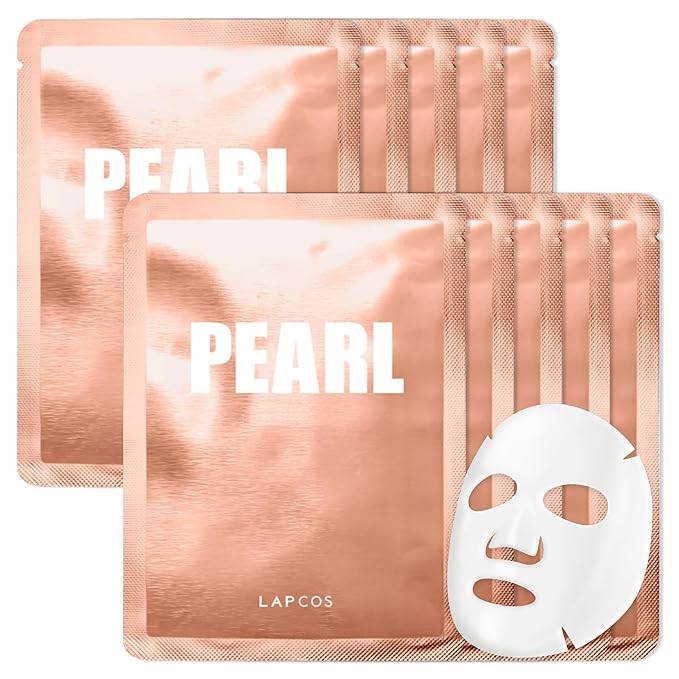 LAPCOS K Beauty Pearl Sheet Mask - Revitalizing & Refining Face Masks with Rice Ferment - Refines Uneven Texture & Dark Spots - Breathable Eucalyptus-derived Tencel Sheet Korean Skin Care (Pack of 10)