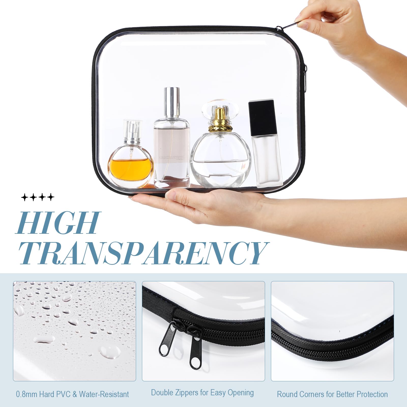 Hoolerry 3 Pcs Clear Hard Zipper Case Hard Plastic Zipper Pouch Makeup Bag Portable Travel Organizer for Cosmetics, Office Supplies, Documents & Toiletries(Black,M)