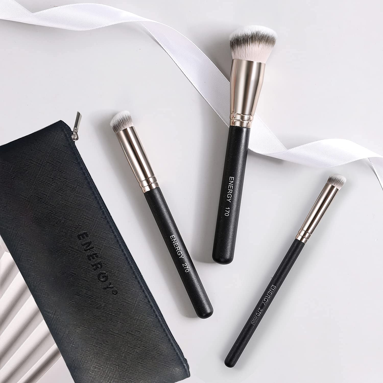 ENERGY Makeup Brush Set Professional 3pcs Foundation Concealer Detail Brushes Soft Synthetic Bristles Vegan Face Makeup Brushes for Liquid Cream Powder Flawless Blending Buffing with Travel Case