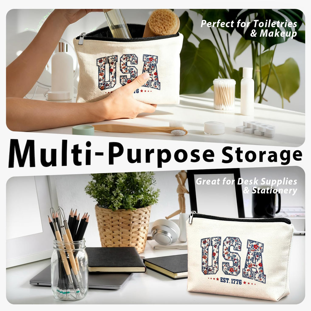 LIANGW Retro Floral USA 4th of July Makeup Bag, America Patriotic Cosmetic Bags for Women, Red White and Blue USA Toiletry Bag for Women, cosmetic bag, makeup case