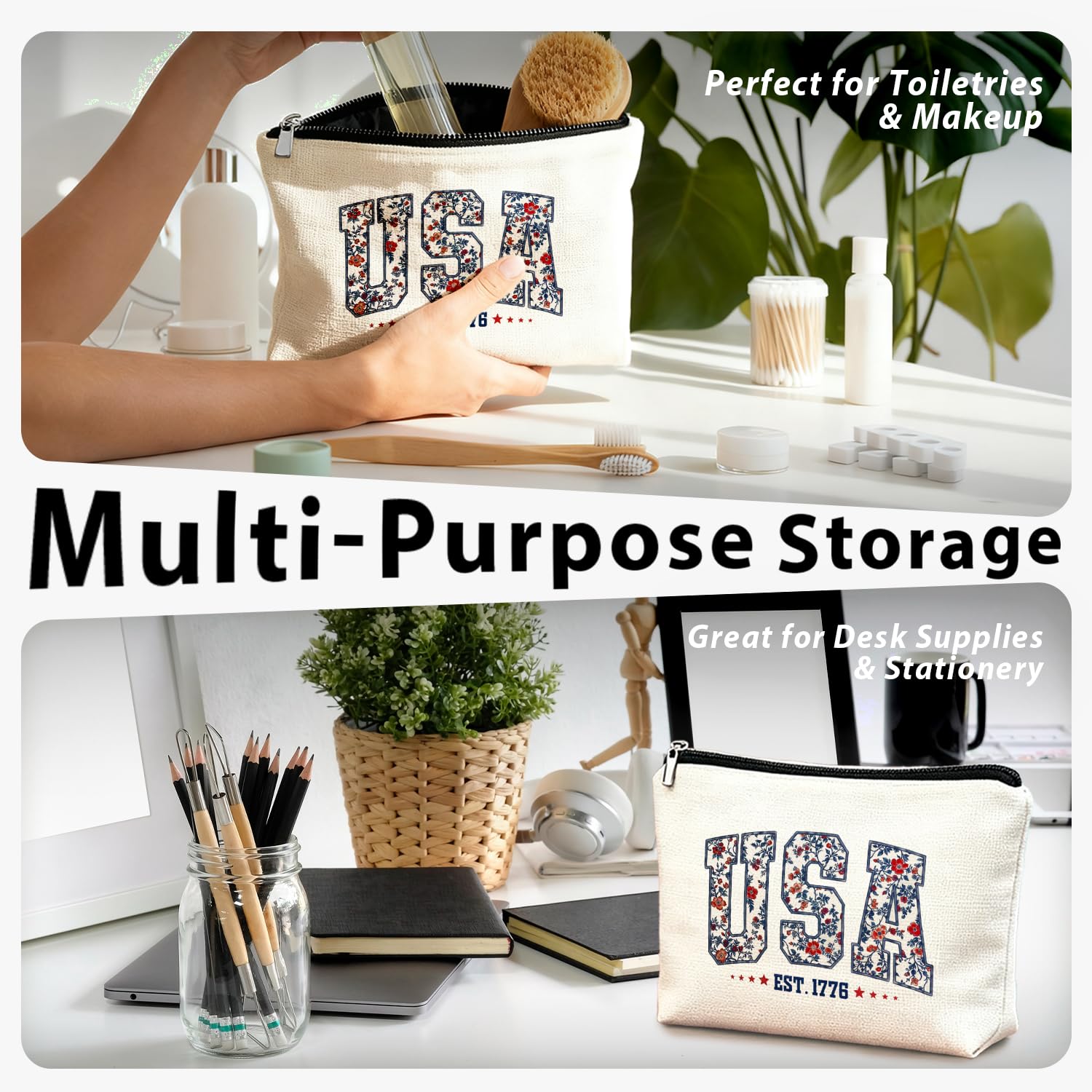 LIANGW Retro Floral USA 4th of July Makeup Bag, America Patriotic Cosmetic Bags for Women, Red White and Blue USA Toiletry Bag for Women, cosmetic bag, makeup case