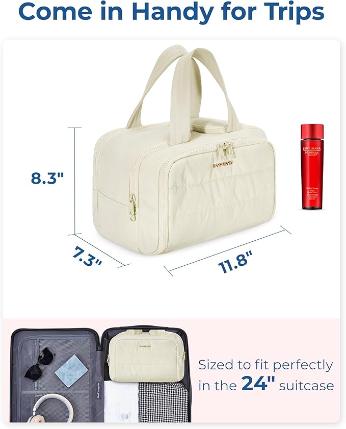 BAGSMART Travel Toiletry Bag, Crush Toiletry Bag for Women, Wide-open Puffy Toiletry Bags for Traveling, Large Travel Cosmetic Makeup Bag Organizer for Accessories,Toiletrie, Beige