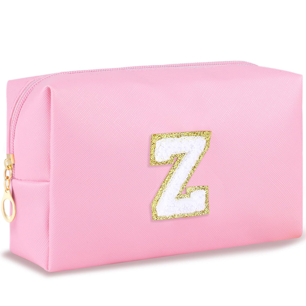 URSKYTOUS Initial Makeup Bag Personalized Preppy Travel Small Cosmetic Bag Cute PU Pink Chenille Letter Makeup Pouch for Purse Waterproof Zippered Toiletry Organizer for Women Girls Kids Friends (Z)