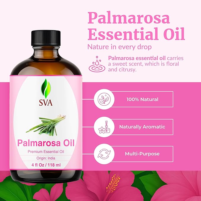 SVA Palmarosa Essential Oil, Glass Bottle with Dropper, 4 Fl Oz (118 ml)