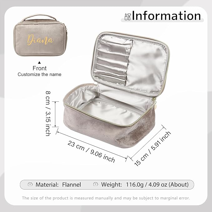 Dreamgem Personalized Name Makeup Bags - Monogrammed Gift for Women Girls Cosmetic Bag with Zipper Gift Ideal for Teen Girls Women Birthday Friend Mom (Khaki)