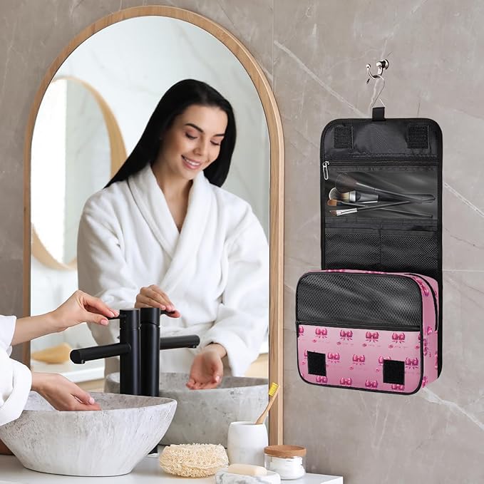 YoYoYuchong Travel Toiletry Bag for Women & Men Pink Beautiful Flower Hanging Cosmetic Organizer Portable Waterproof Makeup Case Make Up Bag with Compartments Travel Essentials for Bathroom Shower