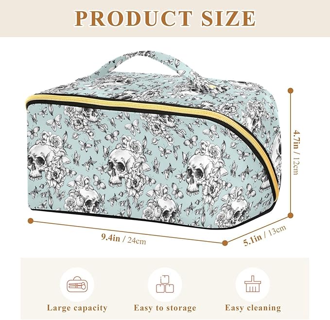 MNSRUU Makeup Organizer Bag, Vintage Goth Skull Travel Makeup Bags Makeup Vanity Case Large Capacity Rhombus Cosmetic Toiletry Bag for Girl Women Ladies