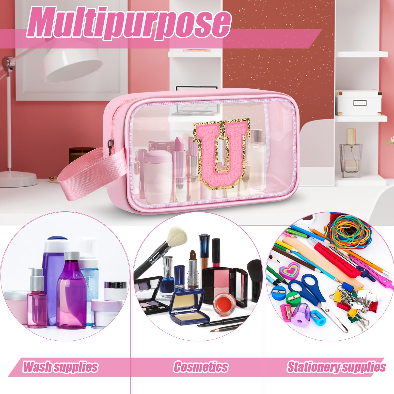 Vodolo Initial Makeup Bag,Letter U Cute Clear Monogrammed Cosmetic Travel Bag for Womens Girls,Personalized Pink Aesthetic Traveling Make Up Organizer Bag for Beach,Waterproof Toiletry Bag