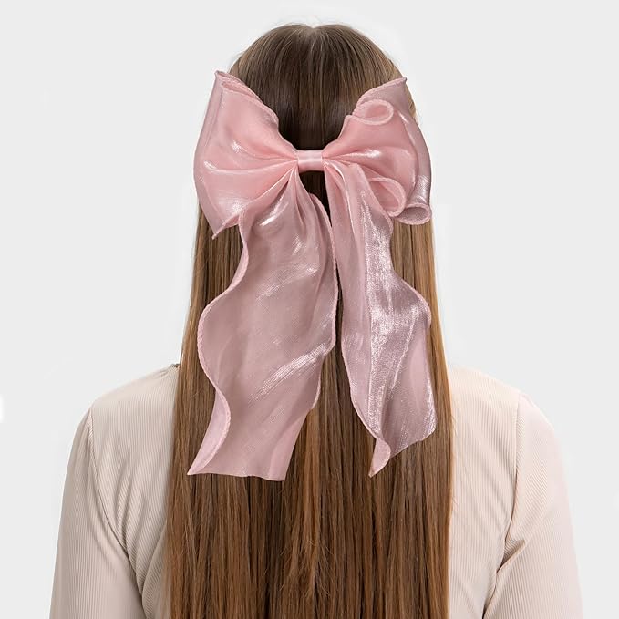 SmallCat 2Pcs Large Hair Bow Clips, Pink Silk Lace Ribbon Bow for Women, Elegant Long Tail Bowknot French Hair Styling Barrette for Wedding, Parties, Daily Use