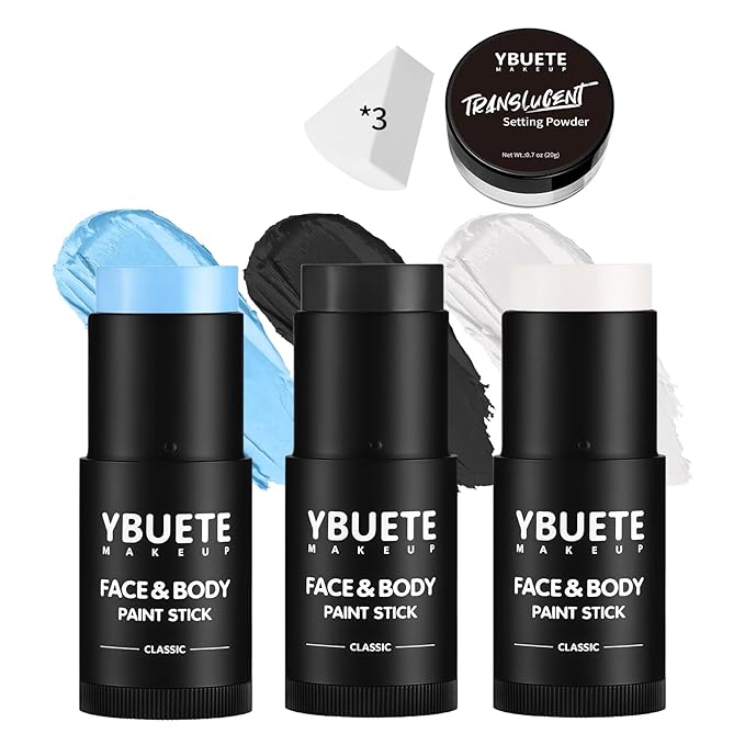 YBUETE Black White Light Blue Face Body Paint Stick Set for Halloween SFX