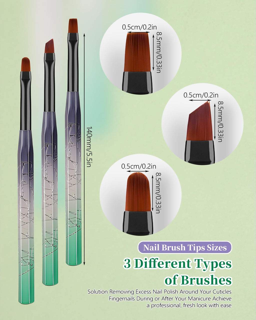 AMilHiTon 3PCS Nail Polish Clean Up Brush, Round/Flat/Angled, Gilded Green