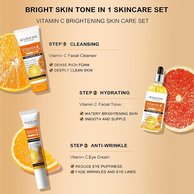 R RadiantRise Vitamin C Skin Care Set For Women, 5-In-1 Moisturizing Hyaluronic Acid Skin Care Routine with Facial Cleanser, Serum, Face Cream, Eye Cream, Toner