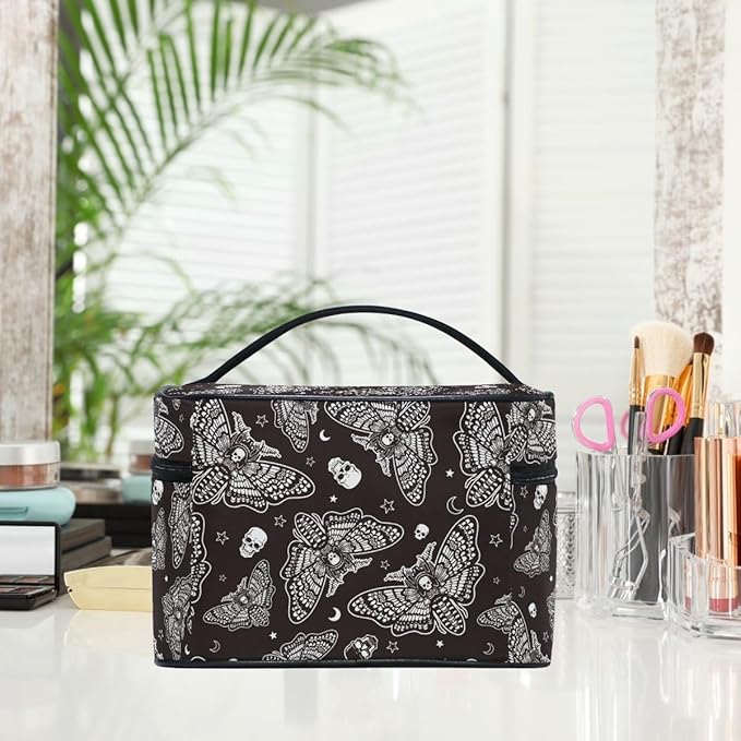 MNSRUU Makeup Bags, Gothic Moth Skull Moon Esoteric Makeup Organizer Bags Toiletry Bag Box Travel Cosmetic Bag Make Up Train Case for Women Teen Girl Ladies