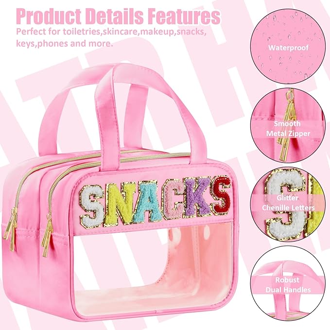 BuyCard Chenille Letter Clear Snack Makeup Bags, Waterproof Large Clear Travel Toiletry Bag, Nylon Snacks Cosmetic Pouch Bag with Handles and Zipper, Storage Bag for Women, Pink