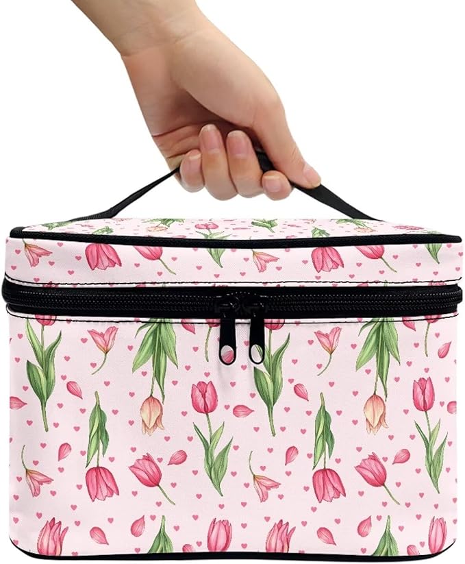Drydeepin Pink Tulip Floral Heart Print Travel Makeup Bags for Women Portable Tote Cosmetic Case with Carry Handle Toiletry Accessories Storage Organizer Bags for Valentine's Day Mother's Day