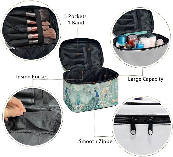 Drydeepin Peacock Butterfly Peony Flower Print Travel Makeup Bags for Women Portable Tote Cosmetic Case with Carry Handle Toiletry Accessories Storage Organizer Bags