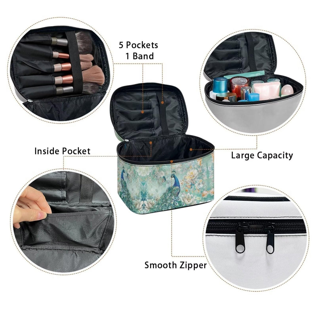 Drydeepin Peacock Butterfly Peony Flower Print Travel Makeup Bags for Women Portable Tote Cosmetic Case with Carry Handle Toiletry Accessories Storage Organizer Bags