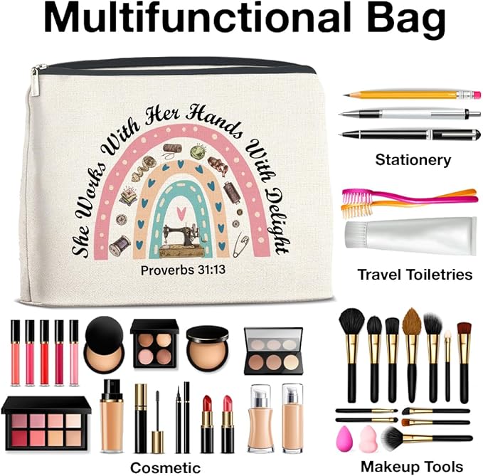UPNEGE Sewing Lover Gifts Makeup Bag Gift for Quilter, Christian She Works with Her Hands in Delight Cosmetic Bag Zipper Makeup Pouch