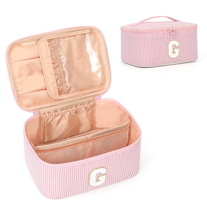 OCHEAL Makeup Bag for Women, Monogram Cosmetic Bag Pink Travel Makeup Case Beauty Toiletry Bag Organizer Personalized Gifts for Girls Bridesmaid, Sister, Wife, Friends Initial G