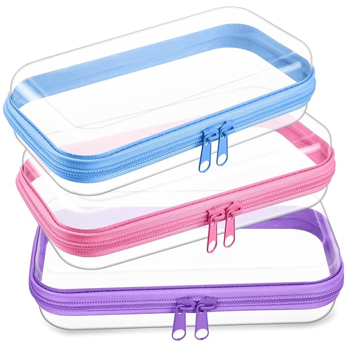 Hoolerry 3 Pcs Clear Hard Zipper Case Hard Plastic Zipper Pouch Makeup Bag Portable Travel Organizer for Cosmetics, Office Supplies, Documents & Toiletries(Multicolor,S)